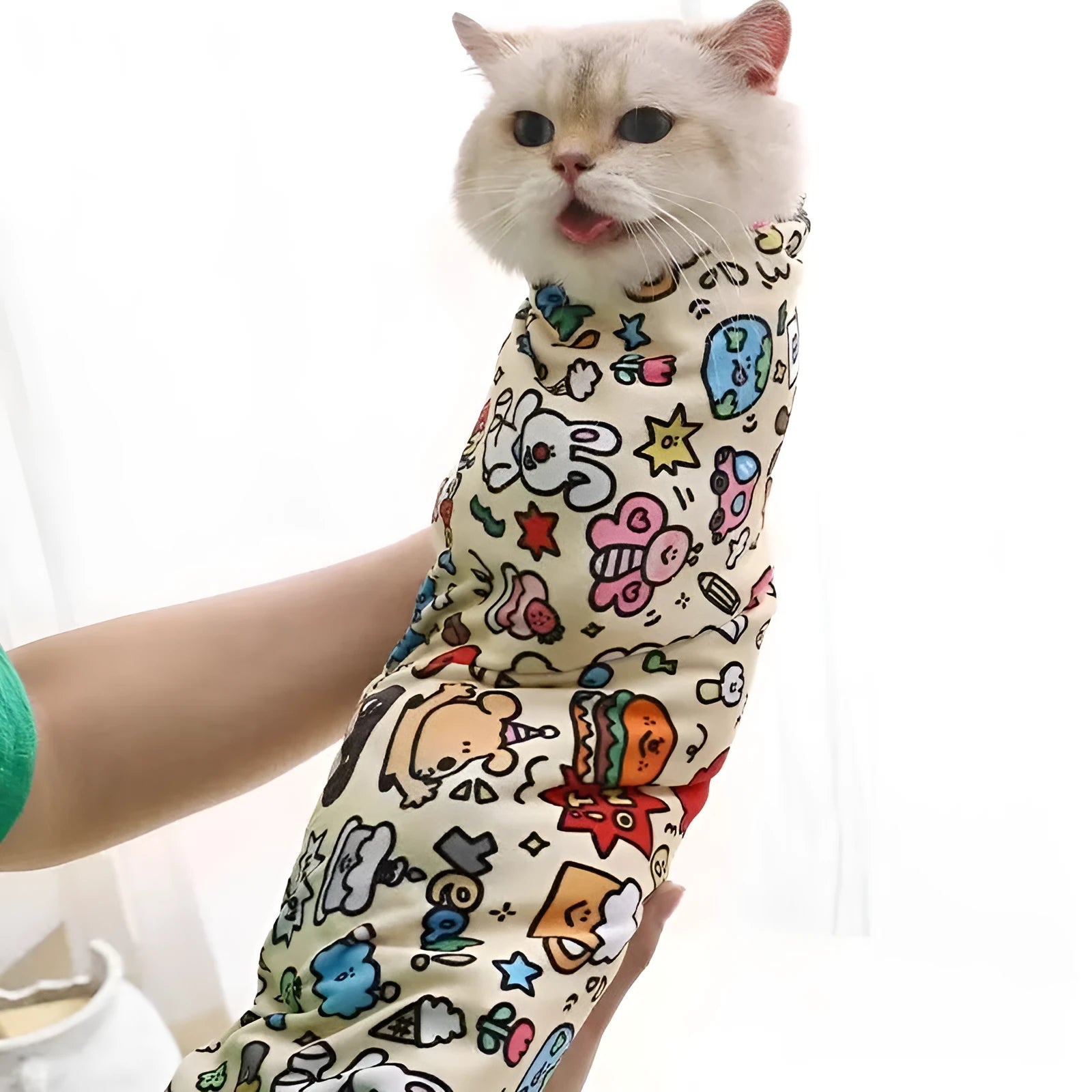 Cartoon cat printed nylon cosmetic bag in blue puppy design with zip, shown in large size.