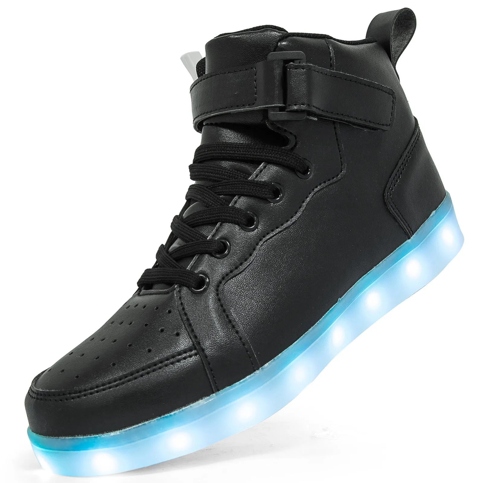 LED high-top board shoes with rechargeable lighting in black colour showing Velcro fastening