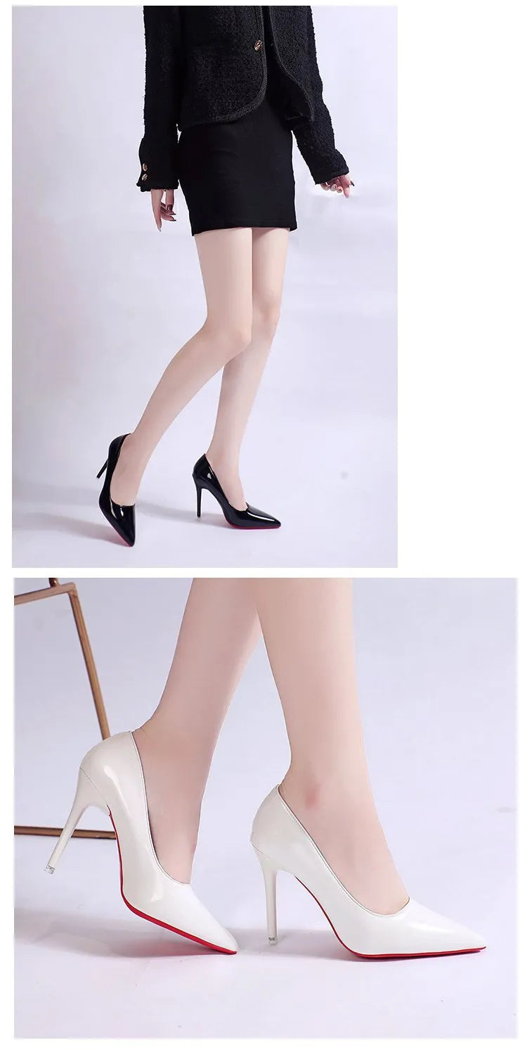 Women's solid colour pointed toe stiletto heel pumps with shallow mouth design and rubber sole