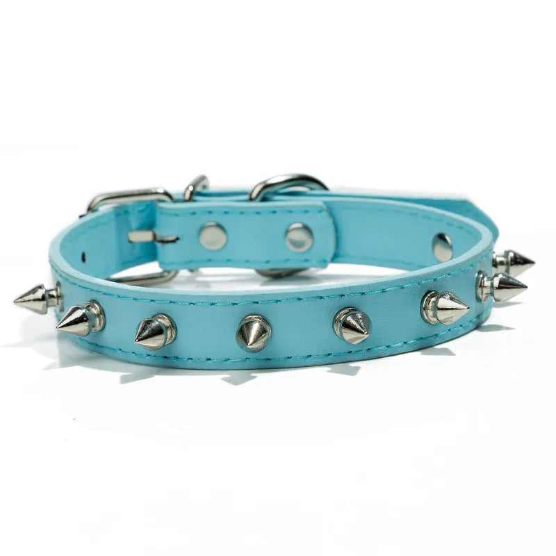 A spiked dog collar made of black PU leather with silver metal studs and an alloy buckle.