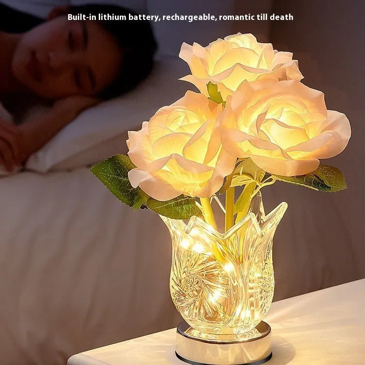 Modern crystal flowers rechargeable bedside lamp with touch dimmer controls on wooden table