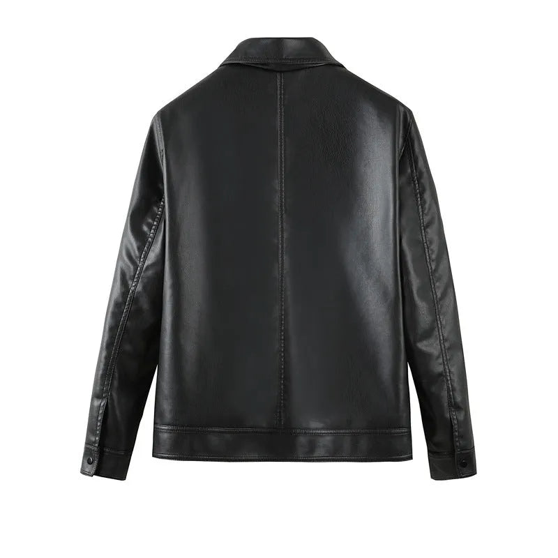 Black men's PU leather jacket with zipper pockets, loose fit design