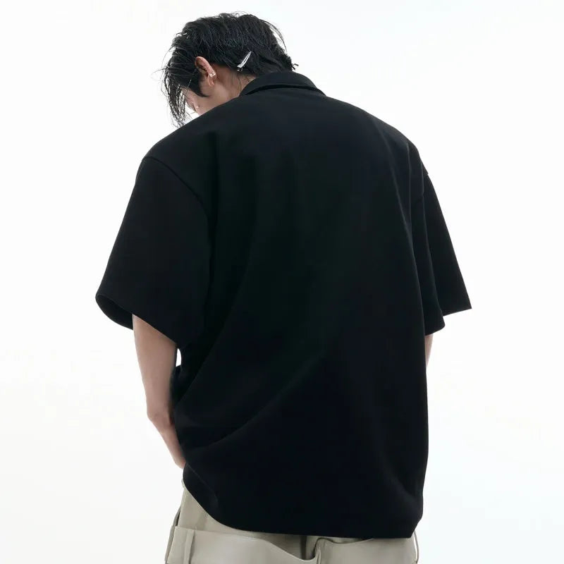 Men's geometric print polo shirt with deconstructed collar in black, grey or white colours
