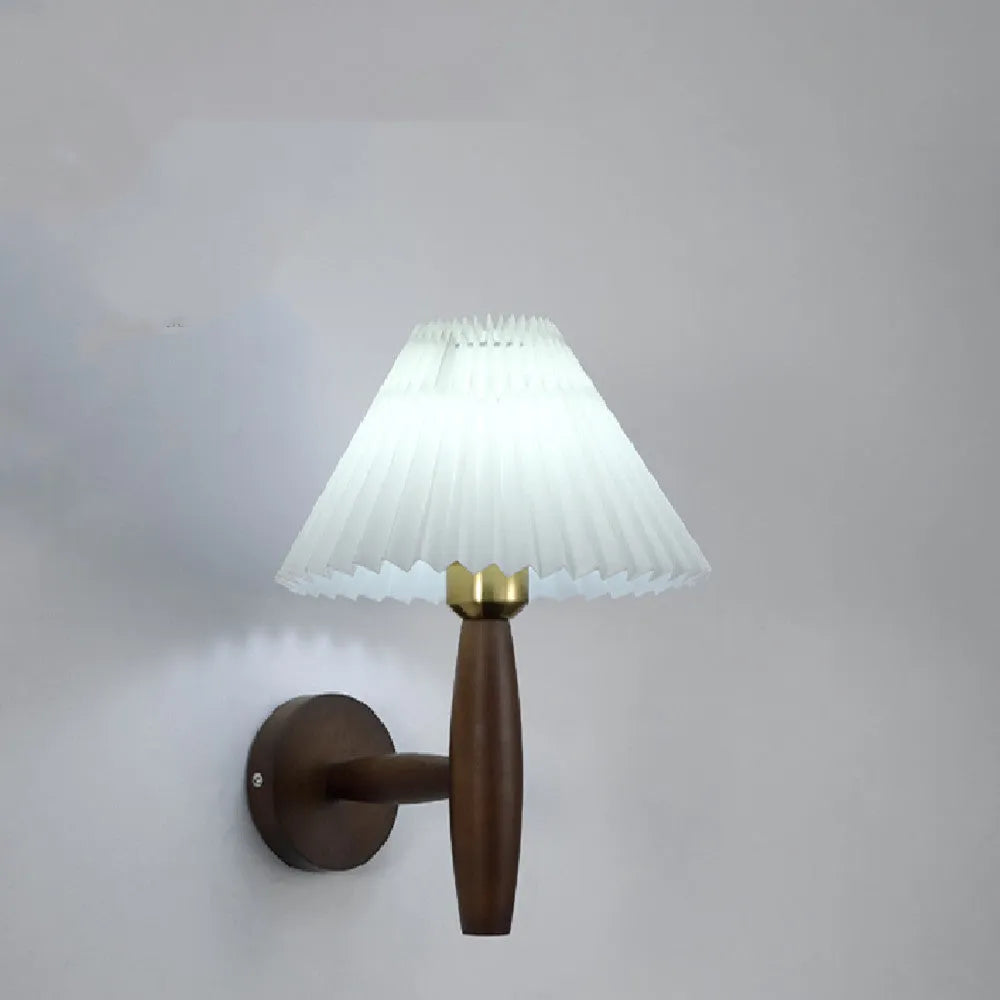 Retro style wall lamp with rubber wood base and fabric shade in walnut finish