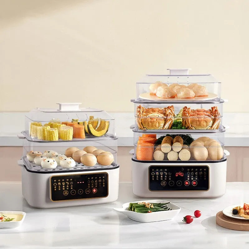 Stainless steel electric steamer kitchen appliance with 10 litre capacity and automatic measuring function