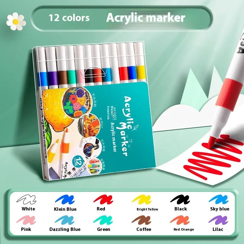 Box of multicoloured acrylic marker pens for student art and painting projects.