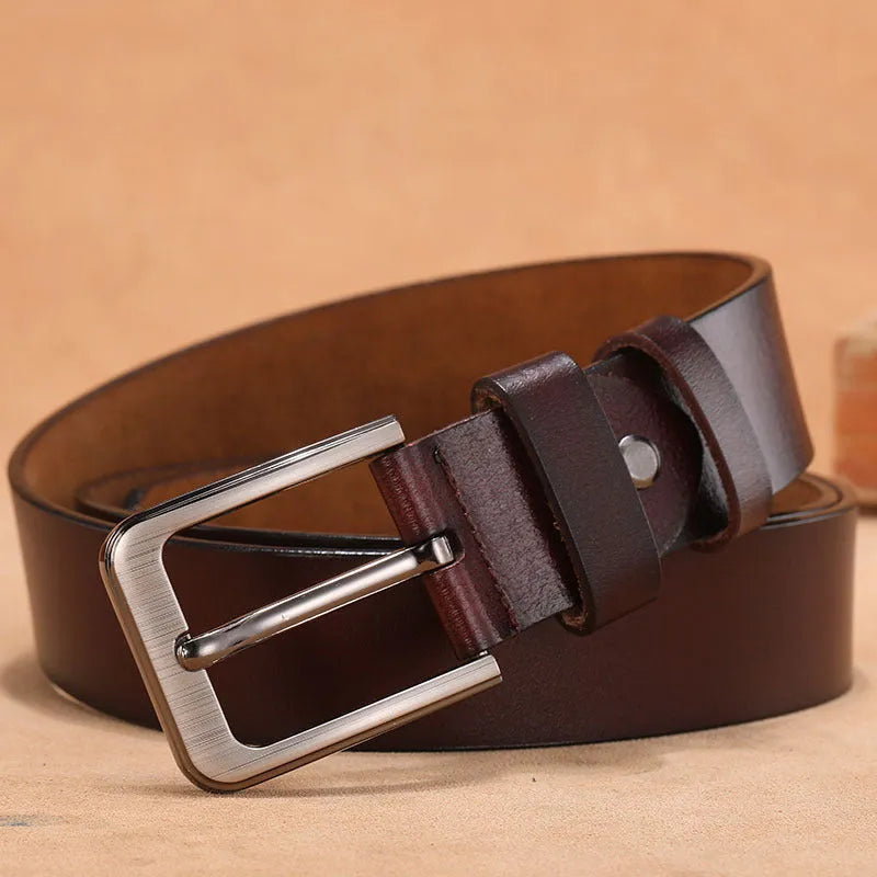Men's square head pin buckle casual belt in black or brown with adjustable length