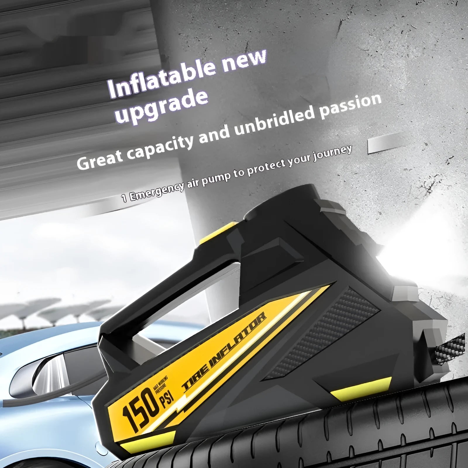 Black portable car tyre inflator with digital display and LED light feature