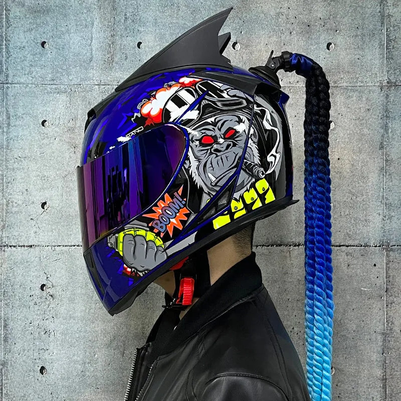 Dirty Braids design full face motorcycle helmet in graphic style like Blue Diamond on ABS shell.