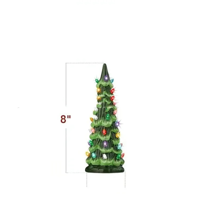 A decorative resin Christmas tree ornament with built-in LED lights, shown in European style.