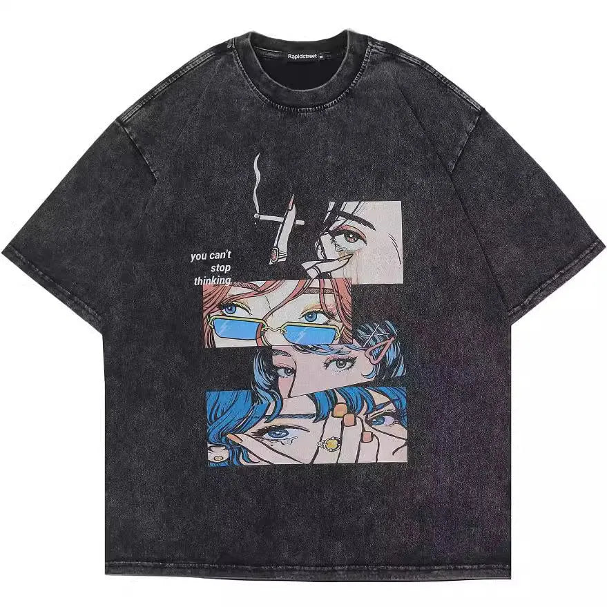 Men's retro cartoon print cotton t-shirt with loose fit design and short sleeves for casual streetwear