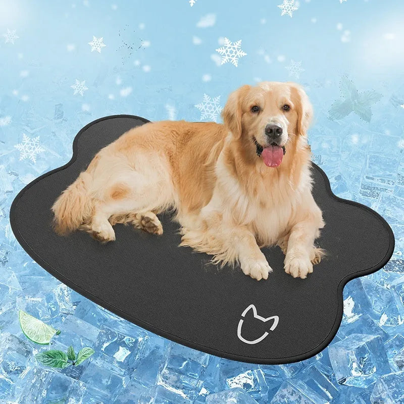 Dog head-shaped ice silk pet cooling mat on floor with non-slip base
