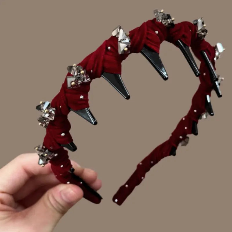 French velvet crystal wave hair pressing headband in black hand-beaded design with non-slip high head construction