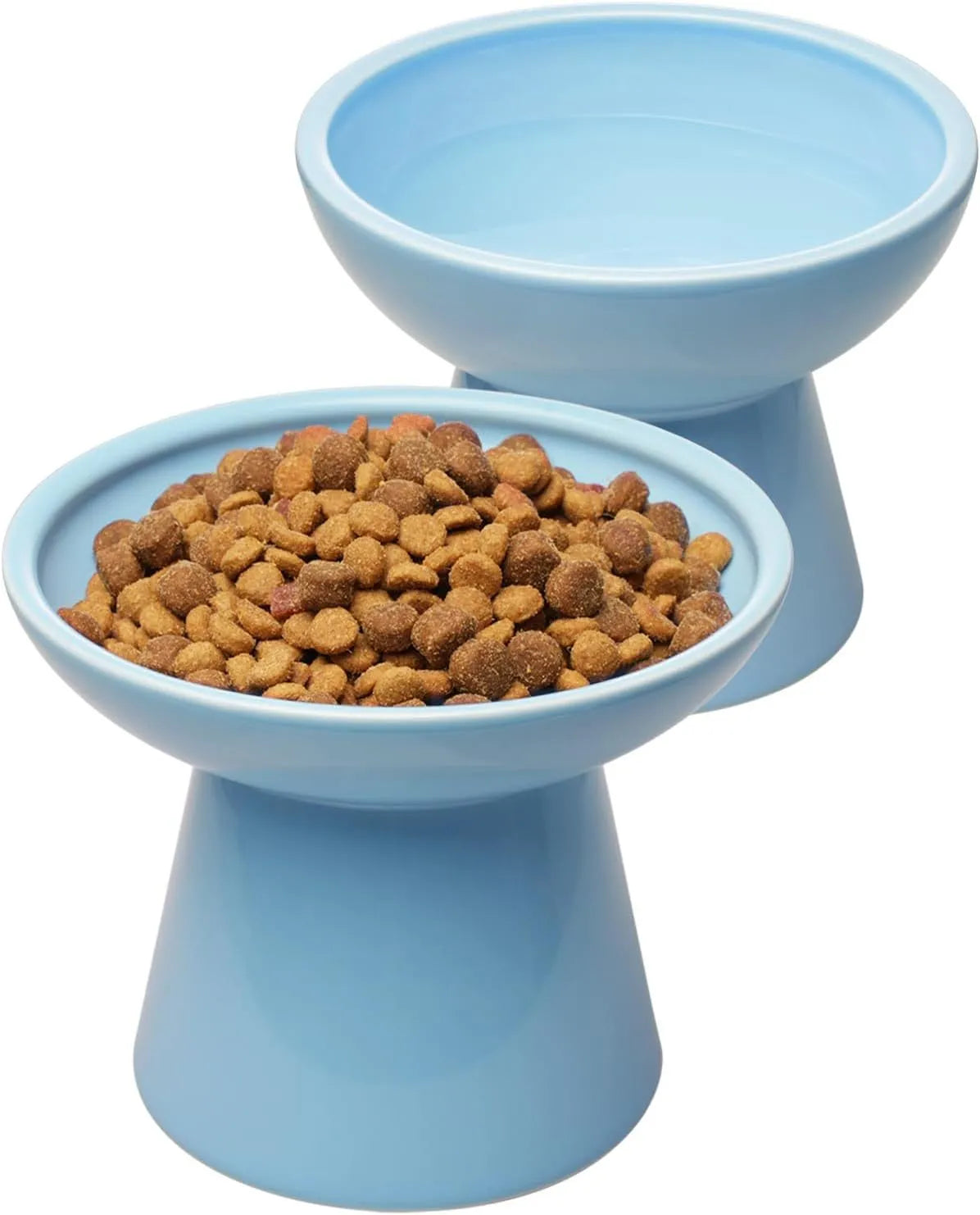 Blue elevated ceramic cat bowl with wide shallow dish on a white background.