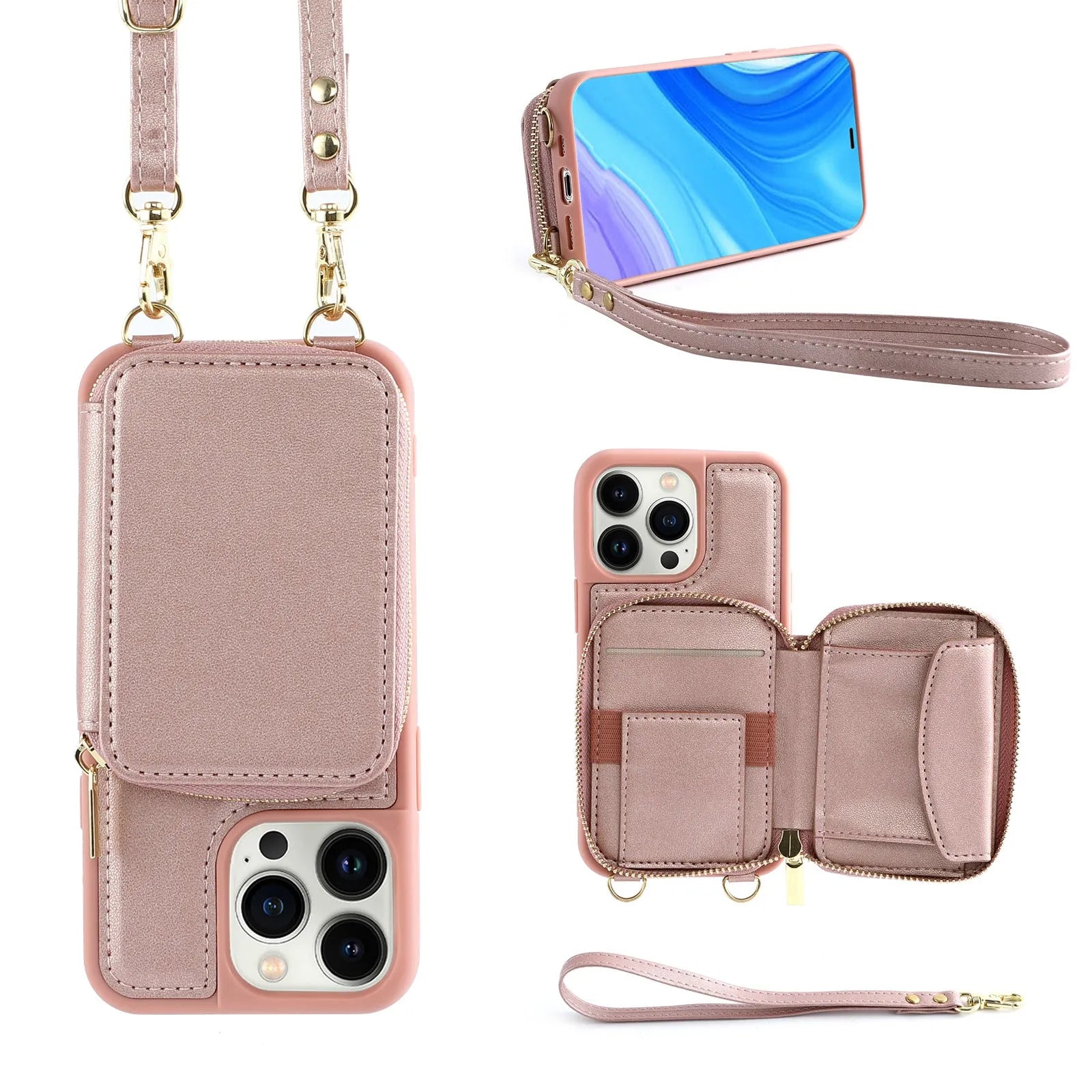Crossbody wallet phone case for iPhone 14 Pro with black imitation leather, zippered card compartment, and detachable lanyard