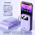 Compact portable power bank with built-in cable, LCD display, and 22.5W fast charging in Moon White