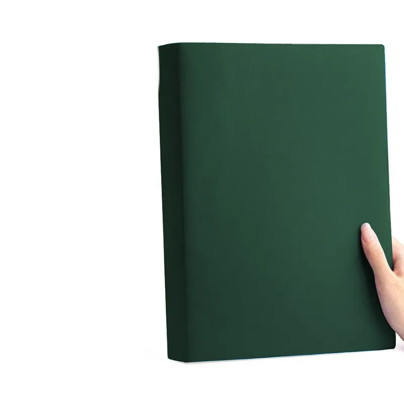 Thickened A4 soft leather notebook with imitation leather cover open to lined pages, showing ivory white paper and choice of multiple colours