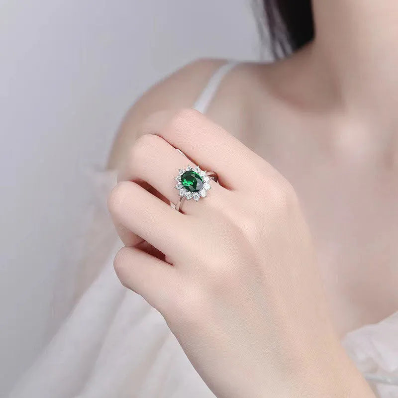 Women's blue moissanite ring with floral electroplated copper band and inlaid zirconium setting.