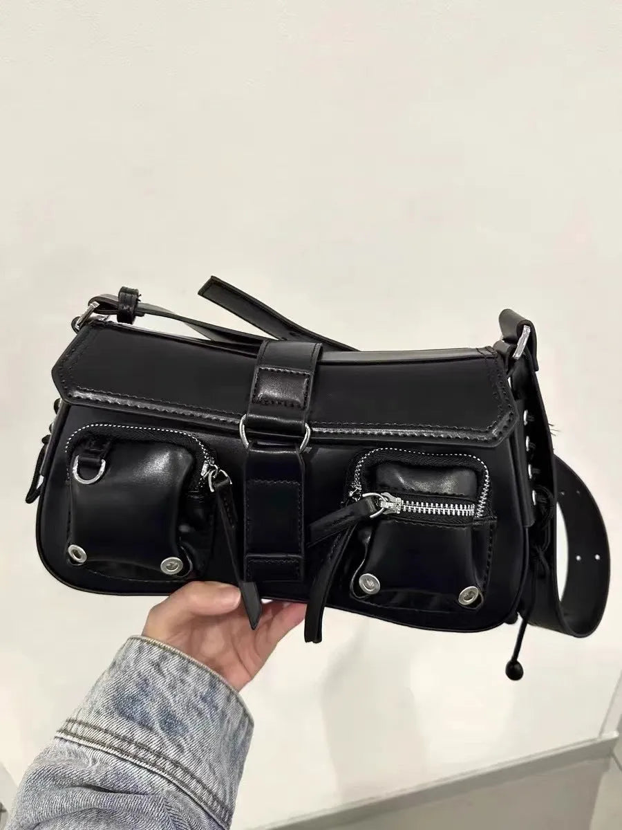 Black PU women's messenger bag with adjustable shoulder strap showing zippered compartment