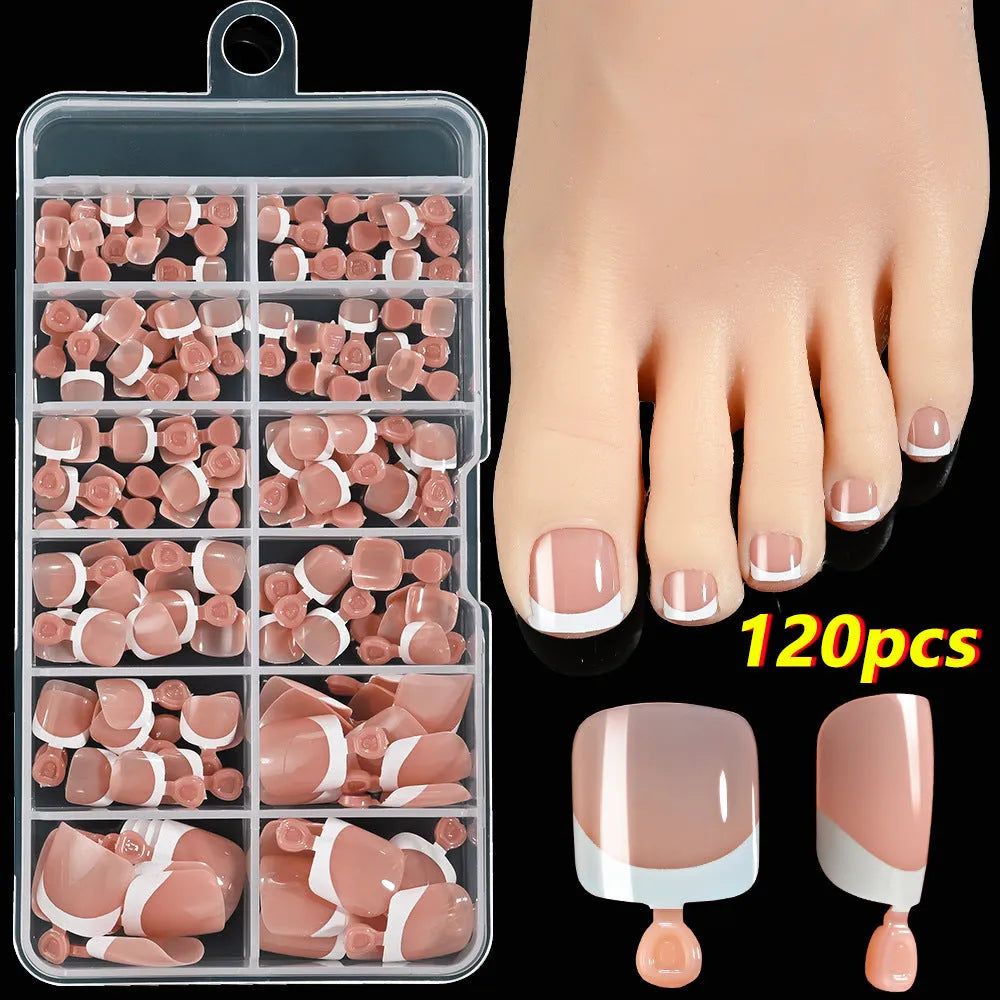 Box of 120 French white edge full square short nude toe nail tips on a white background.