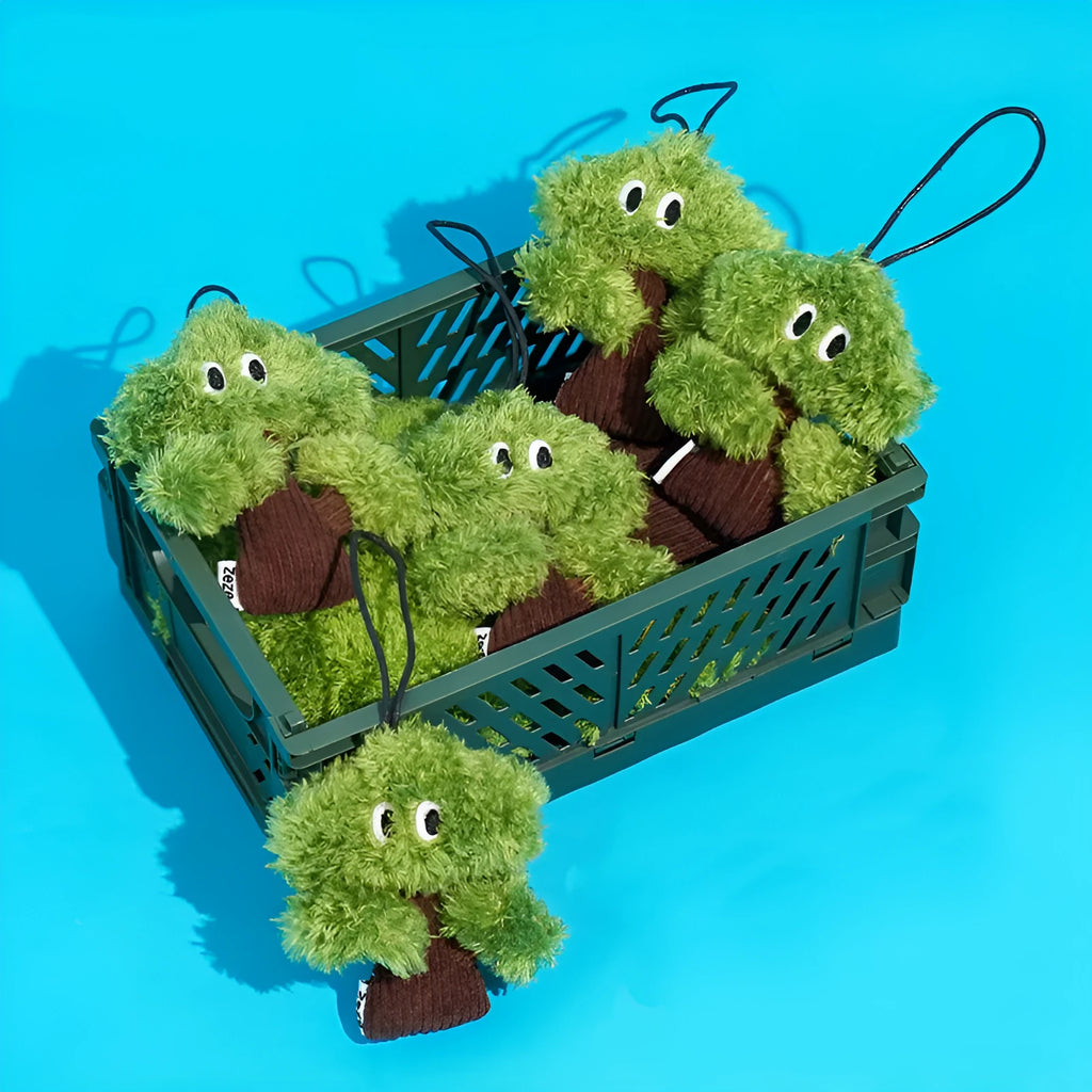 Pine tree shaped cat toy stick with catnip bag pendant, shown in large, medium, and small sizes.