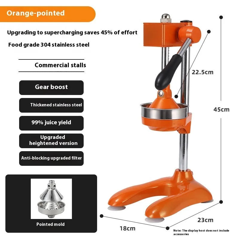 Vertical stainless steel manual juicer with three tip options: pointed head, flat head, and double head.