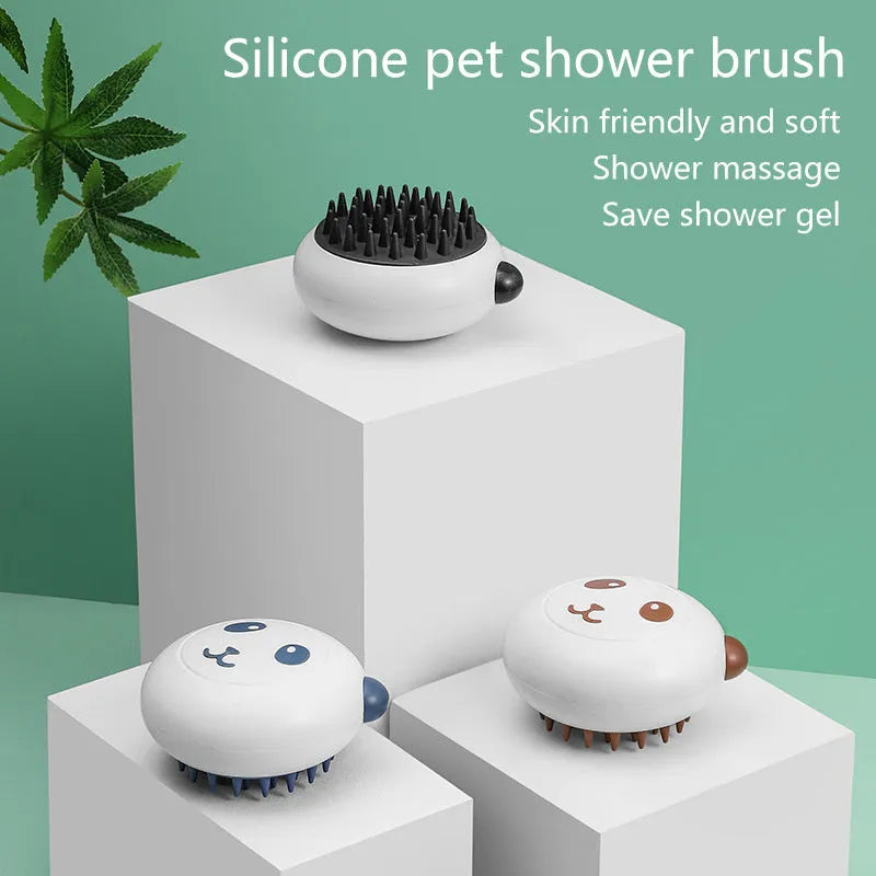 Panda-shaped silicone pet shower brush with soft bristles for dog and cat bath time.