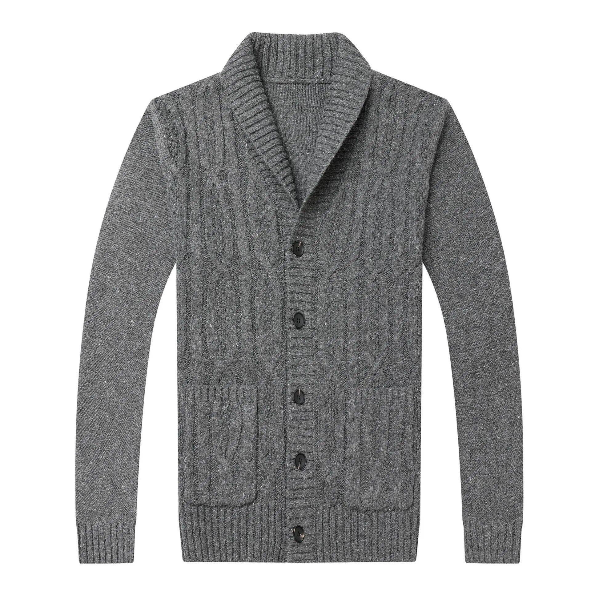 Men's Korean style jacquard knitted cardigan jacket in dark grey