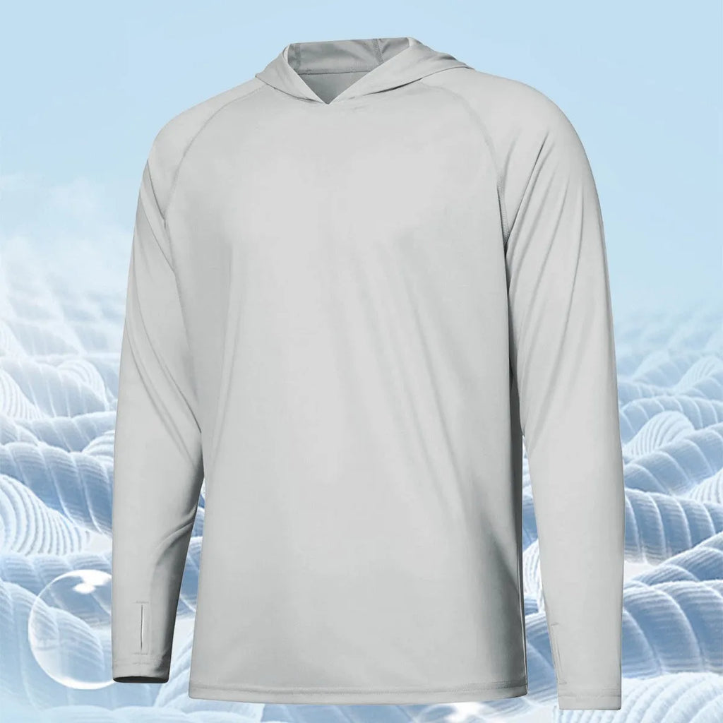 Man wearing a thin grey long sleeve hooded top for outdoor sun protection during fishing or hiking.