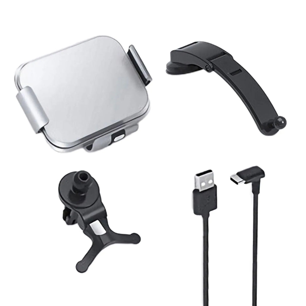 Grey and white car mobile phone holder with folding screen and wireless charging bracket on dashboard