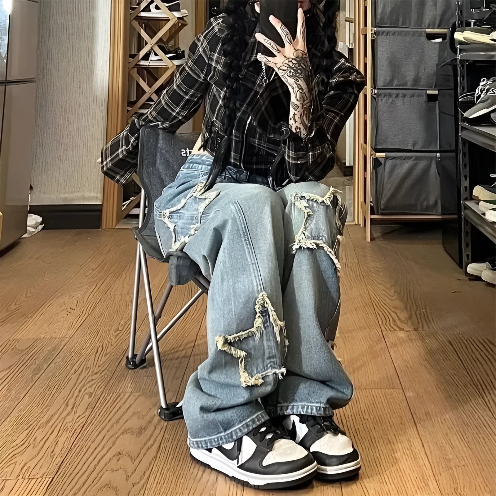 Blue high waist wide leg denim trousers with straight leg design