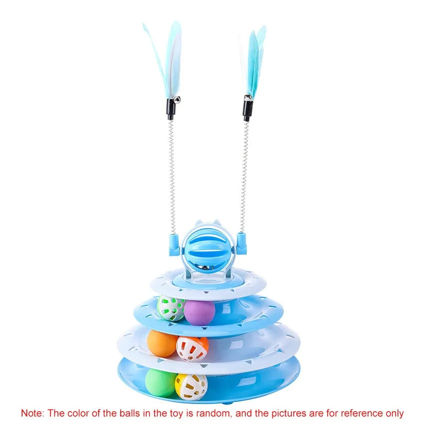 Blue 4-tier interactive cat carousel toy with coloured balls and teasing rods