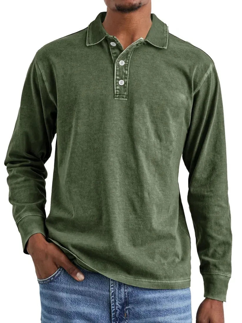 Men's retro washed distressed cotton lapel long sleeve polo shirt shown in army green.