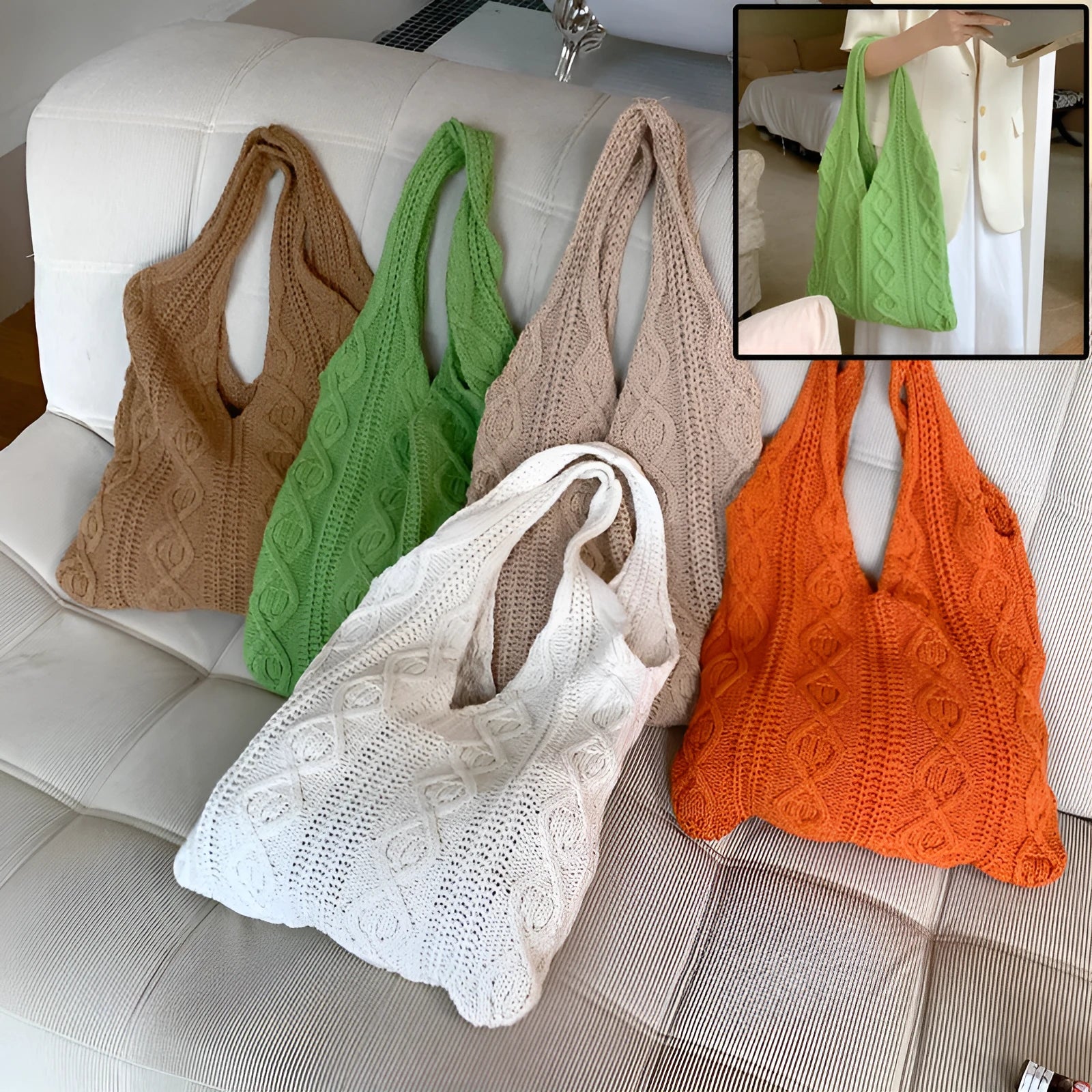 Retro hollow knitted women's shoulder tote bag with double straps in solid colour