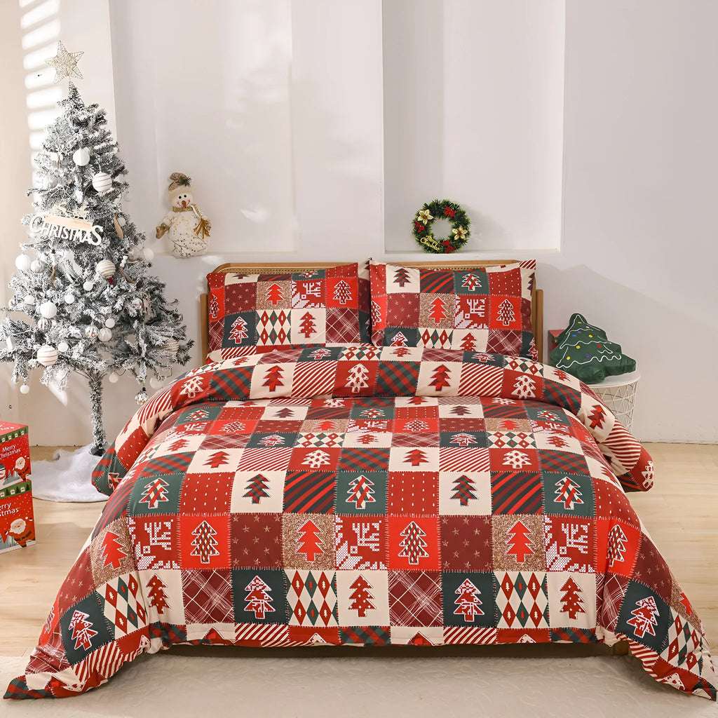 Christmas red plaid pattern three-piece bedding set with quilt cover and pillowcases on bed