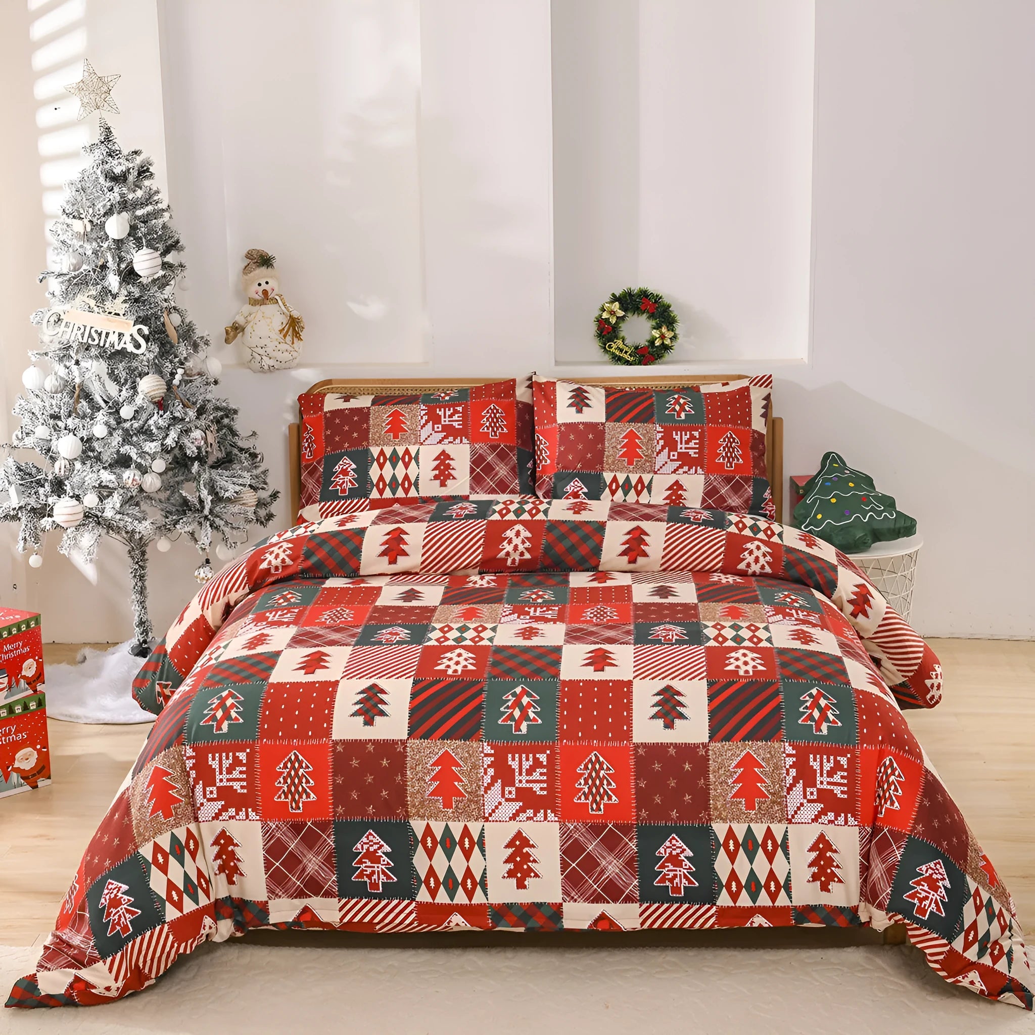 Christmas red plaid pattern three-piece bedding set with quilt cover and pillowcases on bed