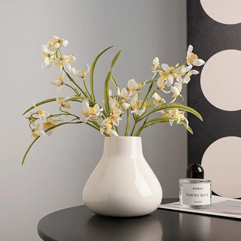 Ceramic round belly vase in black or white with French modern style and optional artificial orchid flowers