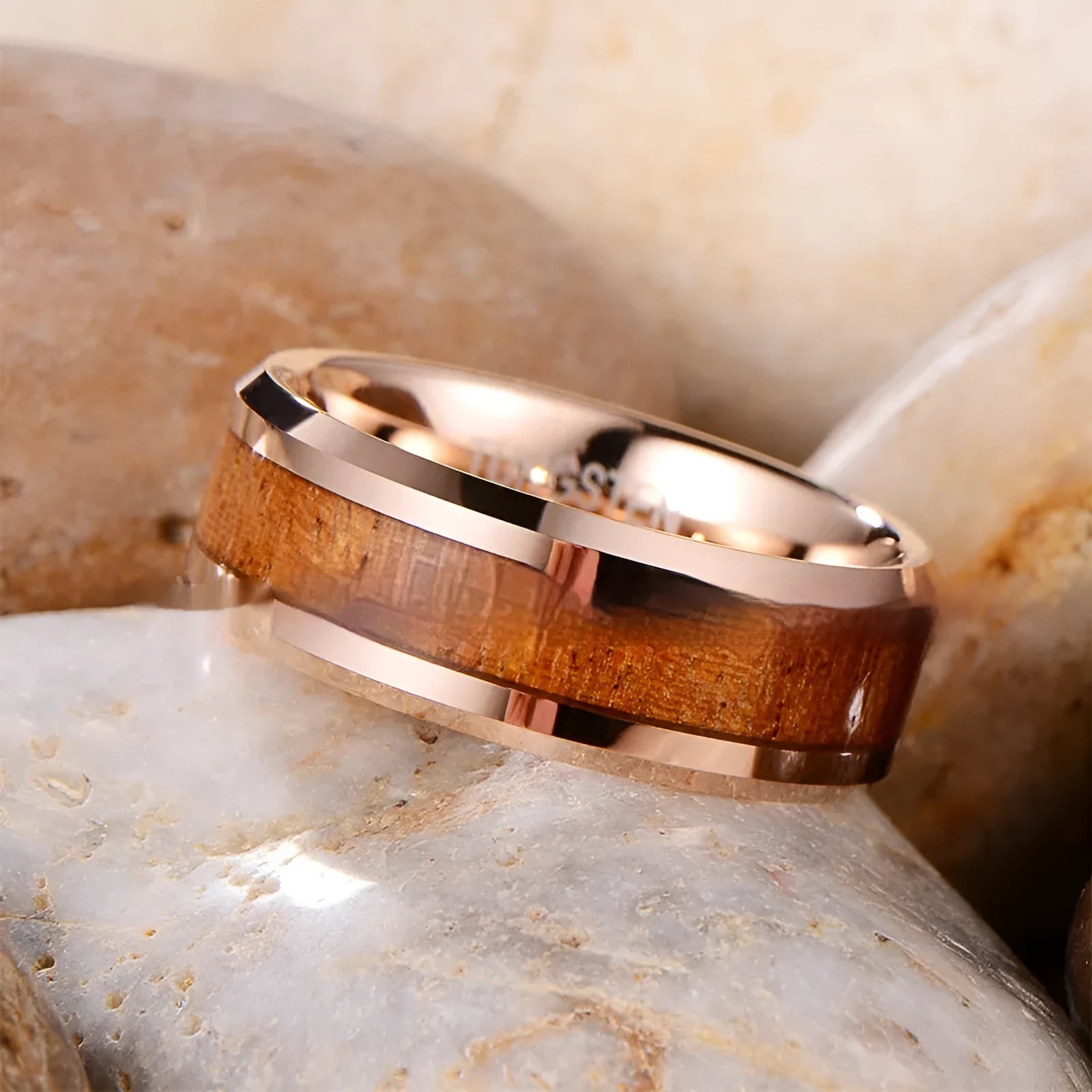 8mm wide tungsten ring with U-shaped profile in rose gold or steel colour finish