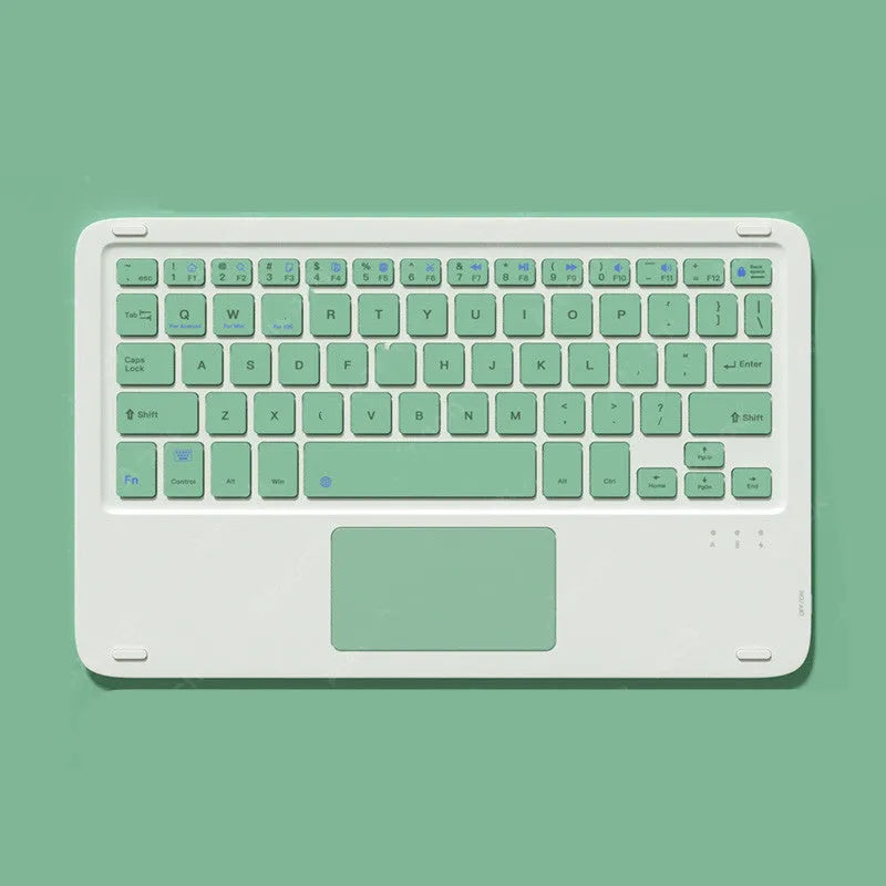 Pink wireless keyboard and mouse combo with slim touch keyboard and Bluetooth connectivity on wooden desk