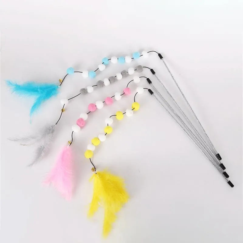 Colourful cat teaser toy rod with bell, feathers and pompons on 31cm stick