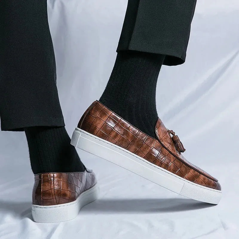 Plus size men's tassel sneakers in black, brown and white colours with round toe design