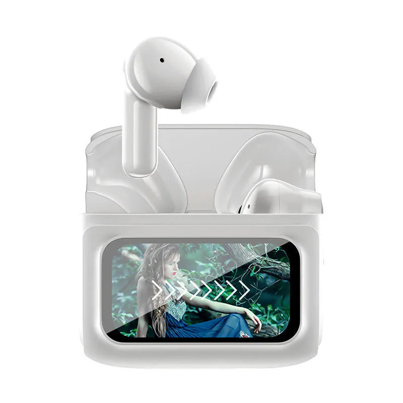 E20PRO touch screen Bluetooth headset with active noise reduction in black, digital display showing battery level