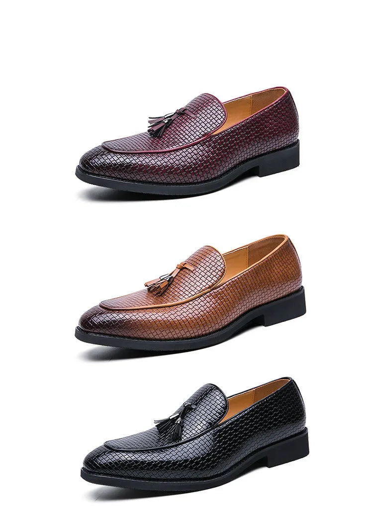 Men's black pointed toe slip-on business shoes with tassel detail on artificial PU leather upper