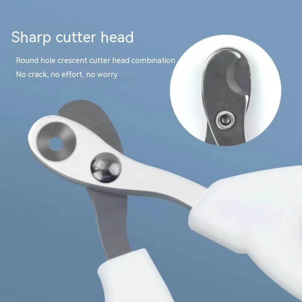 Blue professional cat nail clippers with circular safety hole and non-slip grip.