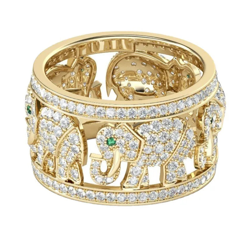 A close-up of a detailed alloy elephant ring with sparkling diamond accents on a gold or silver electroplated band.