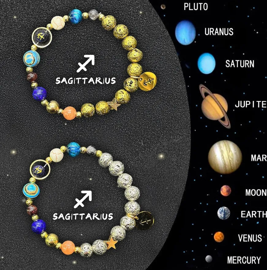 Set of twelve natural stone beaded bracelets, each representing a different zodiac sign.