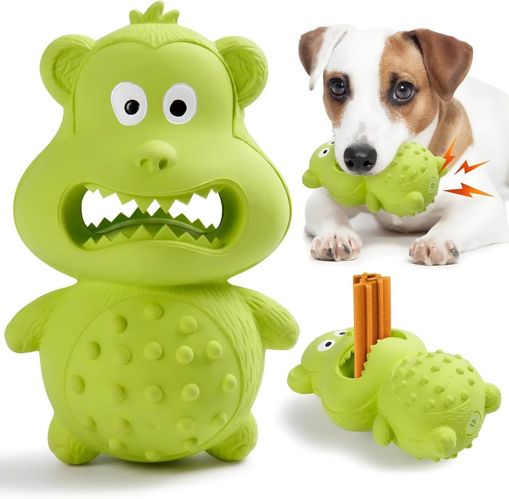 Green and yellow thick natural rubber squeaky dog chew toy for large breed dogs.