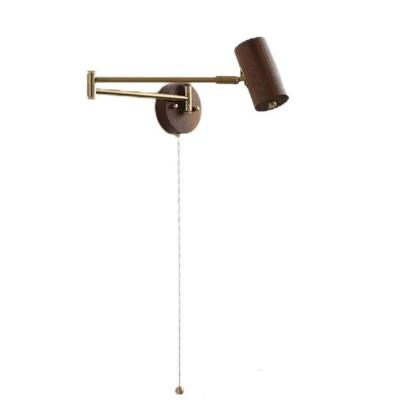Retro wood and iron wall lamp with long adjustable arm and visible wall switch