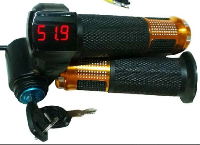 Electric vehicle handlebar control switch section with 5-core wires, shown in blue, red, silver, and yellow colour options.