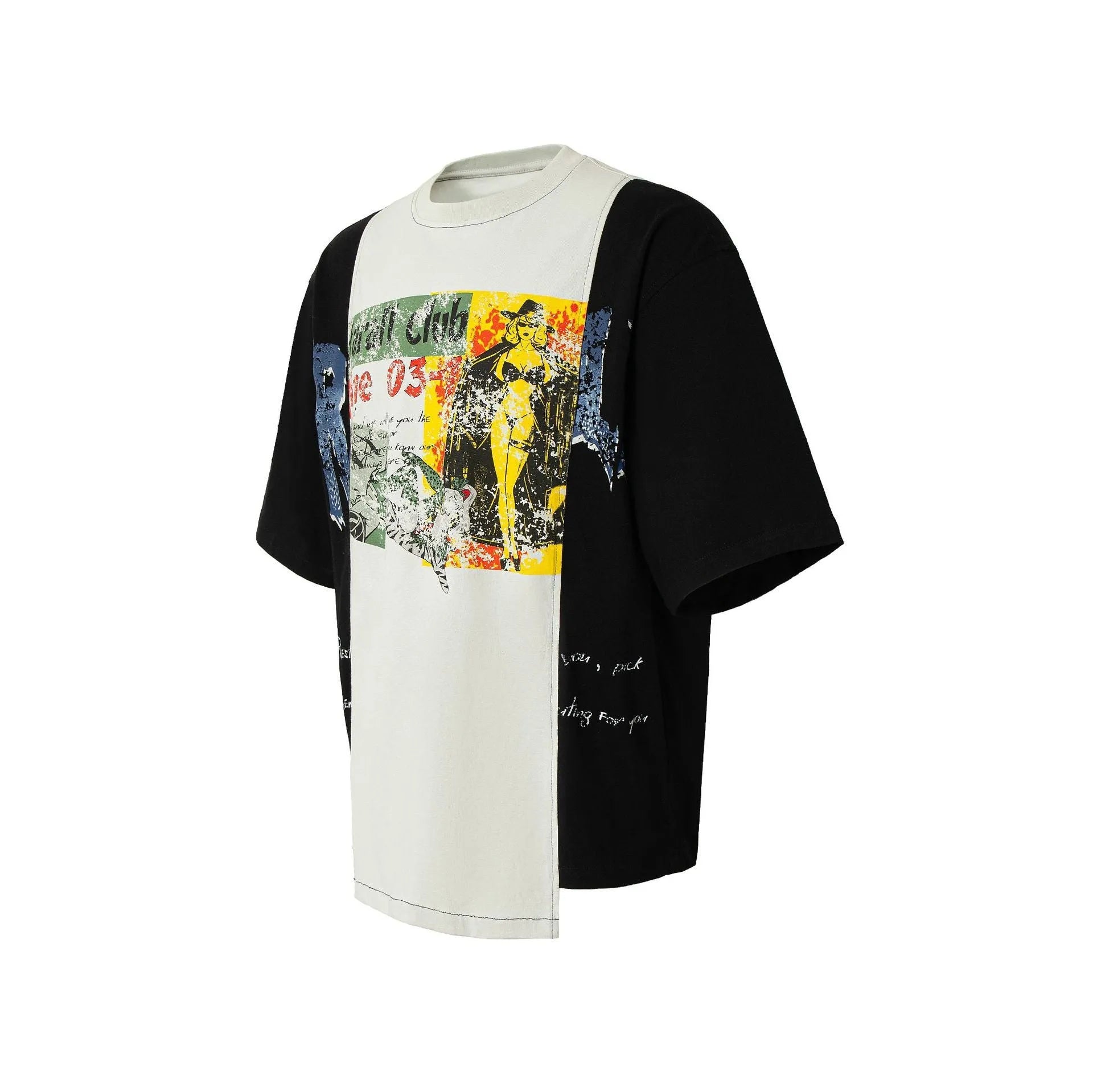 Black and white broken collage deconstruction print on a men's loose fit cotton blend t-shirt.